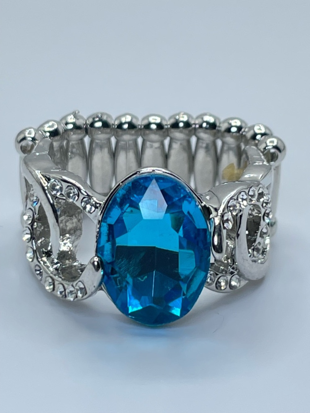 Silver Tone Blue Crystal Stretch Ring Statement Oval Rhinestone